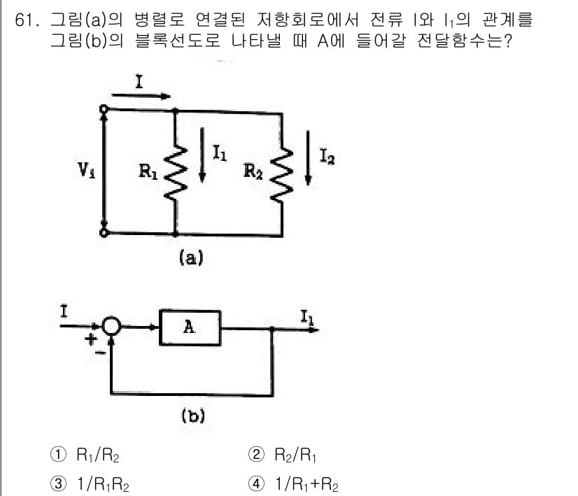 승강기산업기사 2017년 61번 - 주어진 회로에서 전류 \(I_1\)은 저항 \(R_1\)과 \(R_2\)... 에 관한 핵심 기출문제