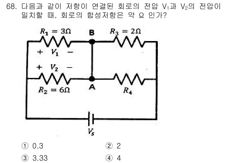 승강기산업기사 2017년 68번 - 회로의 저항 R1과 R2는 병렬로 연결되어 있으므로, 합성 저항은 다음과... 에 관한 핵심 기출문제