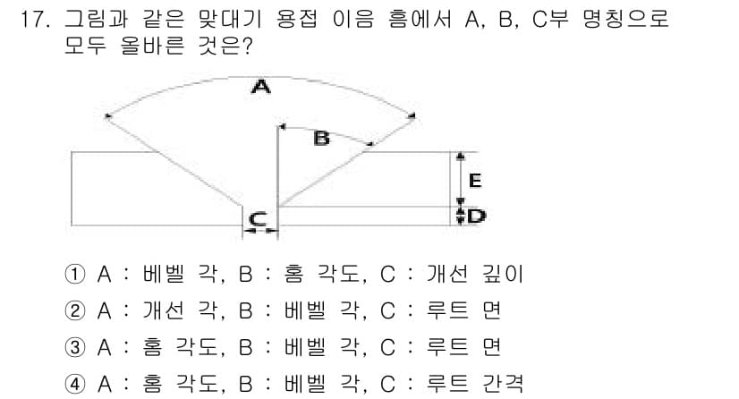 자기비파괴검사산업기사 2015년 17번 - . 

이유: A와 B는 각각 비벨 각도와 흡각도로, 검사 시 용접 부위... 에 관한 핵심 기출문제