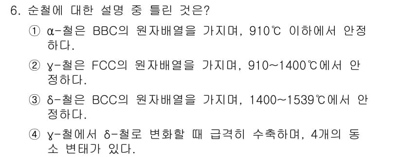 자기비파괴검사산업기사 2016년 6번 - BCC(Body-Centered Cubic) 구조를 가진 철은 1400~... 에 관한 핵심 기출문제