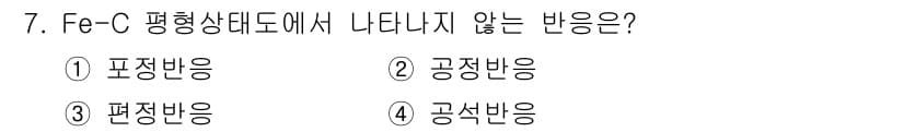 자기비파괴검사산업기사 2016년 7번 - . 

Fe-C 평형상태도에서 나타나지 않는 반응은 '공정반응'이다. F... 에 관한 핵심 기출문제