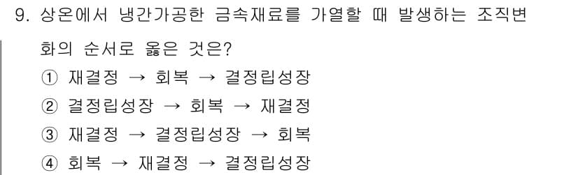 자기비파괴검사산업기사(구) 2017년 9번 - 주어진 과정에서 재질의 변화를 나타내는 순서는 각각의 상태가 다음 단계로... 에 관한 핵심 기출문제
