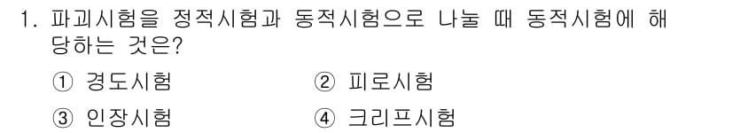 자기비파괴검사산업기사 2017년 1번 - 동적시험은 시간에 따라 변하는 하중이나 반복적인 하중이 가해질 때 재료의... 에 관한 핵심 기출문제