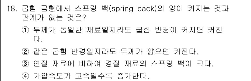 사출(프레스)금형설계기사 2015년 18번 - 정답인 4번은 스프링 백(SPRING BACK) 현상이 금형과 재료의 특... 에 관한 핵심 기출문제