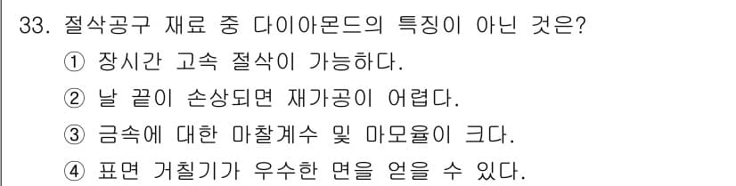 사출(프레스)금형설계기사 2016년 33번 - 다이아몬드 소재는 높은 마찰저항과 경도를 가지지만, 금속과 비교할 때 마... 에 관한 핵심 기출문제
