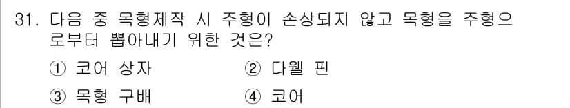 사출(프레스)금형설계기사 2017년 31번 - . 

목형 구배는 주형이 손상되지 않도록 하여 주형 로부터 제품을 쉽게... 에 관한 핵심 기출문제