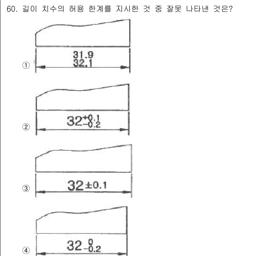 금형기능사 2015년 60번 - 정답은 4번이다. 4번의 치수는 허용 한계가 동일한 길이의 치수와 다르며... 에 관한 핵심 기출문제