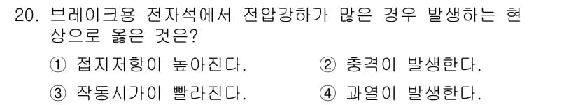 컨테이너크레인운전기능사 2015년 20번 - 전자식 브레이크에서 전압 강하가 많으면 과열이 발생하며, 이는 브레이크의... 에 관한 핵심 기출문제