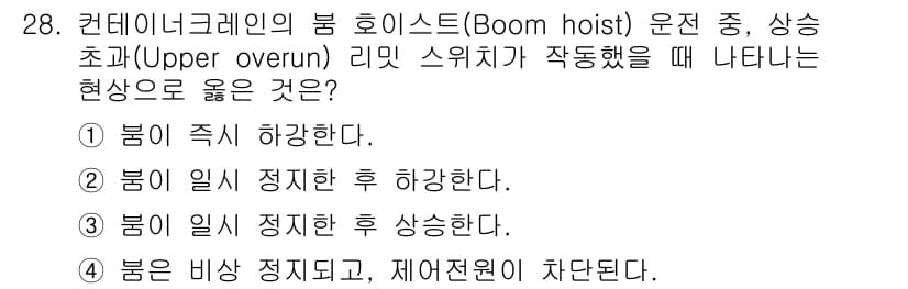 컨테이너크레인운전기능사 2015년 28번 - 정답 4번은 상스 초과 시 붐이 비상 정지되고, 재해전을 위해 차단되는 ... 에 관한 핵심 기출문제