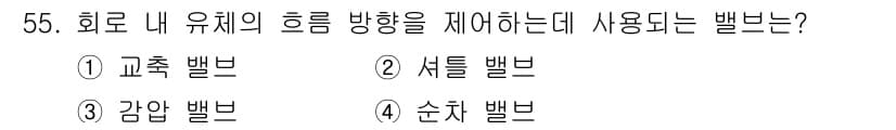 컨테이너크레인운전기능사 2015년 55번 - 정답은 3번 감압 밸브입니다. 감압 밸브는 시스템 내 압력을 조절하여 유... 에 관한 핵심 기출문제