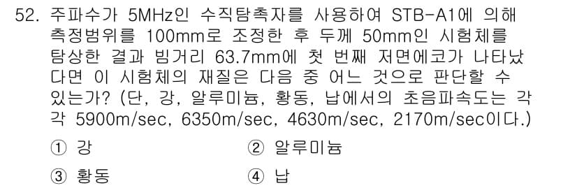 초음파비파괴검사산업기사(구) 2015년 52번 - 정답과 핵심 포인트를 검수 중인 기출문제