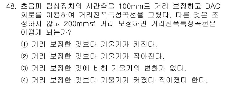 초음파비파괴검사산업기사(구) 2016년 48번 - DAC 회로를 사용할 때, 거리 보정이 올바르게 이루어지지 않으면 200... 에 관한 핵심 기출문제