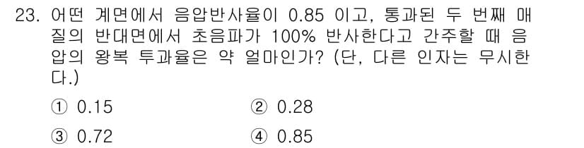 초음파비파괴검사산업기사 2017년 23번 - 음압 반사율이 0.85인 경우, 통과된 두 번째 매질에서의 음압 반사율은... 에 관한 핵심 기출문제