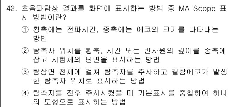 초음파비파괴검사산업기사(구) 2018년 42번 - MA Scope 표시 방법은 탐축체의 위치를 획득하고, 시간 또는 반원형... 에 관한 핵심 기출문제