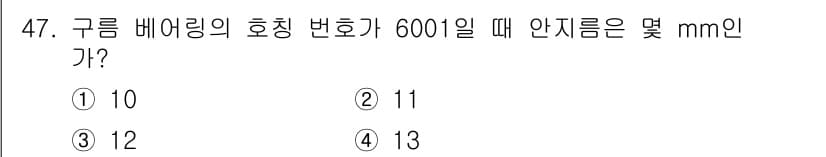 기계조립산업기사 2017년 47번 - 구름 베어링의 호칭 번호 6001에 해당하는 베어링의 내경은 12mm입니... 에 관한 핵심 기출문제