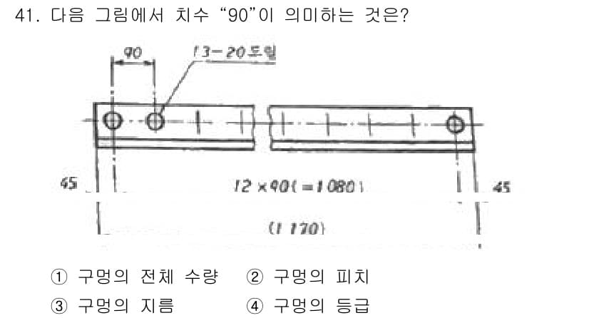 기계조립산업기사 2018년 41번 - 정답은 3번, 구멍의 지름입니다. 그림에서 "90"은 구멍의 지름을 나타... 에 관한 핵심 기출문제