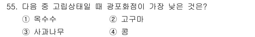 종자산업기사 2018년 55번 - . 콩  

콩은 고온에서 광합성이 더 잘 이루어지기 때문에 고온 환경에... 에 관한 핵심 기출문제