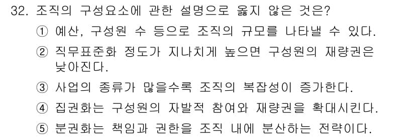 사회복지사_1급(3교시)(구) 2019년 32번 - 조직의 구성요소에 대한 설명 중 잘못된 것은 "집권화는 구성원의 자발적 ... 에 관한 핵심 기출문제