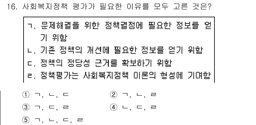 사회복지사_1급(3교시) 2019년 16번 - 사회복지 정책 평가는 정책의 효과성과 필요성을 검토하기 위해 필수적이다.... 에 관한 핵심 기출문제