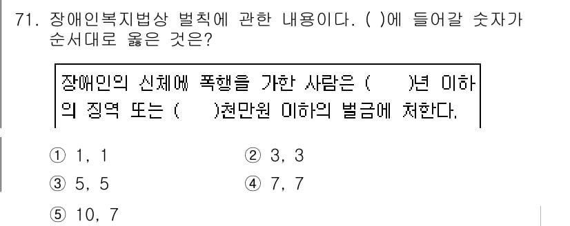 사회복지사_1급(3교시) 2019년 71번 - 장애인복지법상 벌칙에 따르면 장애인의 신체에 폭행을 가한 경우에는 5년 ... 에 관한 핵심 기출문제