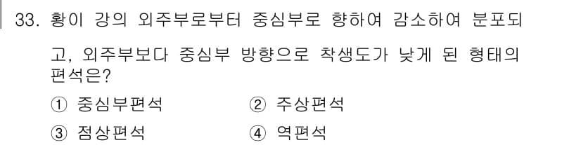 금속재료시험기능사 2015년 33번 - 정답은 4번 역편석입니다. 역편석은 외부압력이 강할 때 발생하며, 내부응... 에 관한 핵심 기출문제