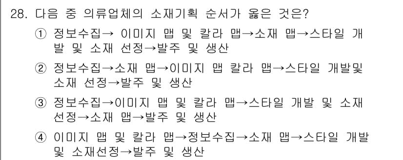 패션머천다이징산업기사 2015년 28번 - 정답인 4번은 상품 개발 과정에서 정보수집이 먼저 이루어진 후, 상품 구... 에 관한 핵심 기출문제