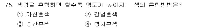 패션머천다이징산업기사 2015년 75번 - 정답은 2. 감별혼색입니다. 감별혼색은 색의 명도가 높아지는 효과를 주어... 에 관한 핵심 기출문제