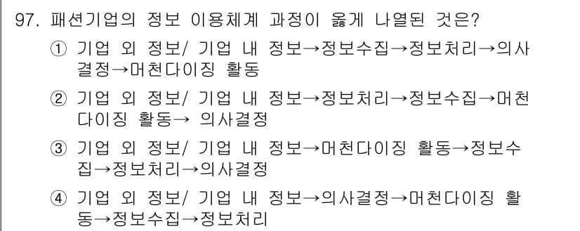패션머천다이징산업기사 2015년 97번 - 기업의 정보 이용 체계에서는 정보 수집과 분석을 통해 의사 결정을 내리고... 에 관한 핵심 기출문제
