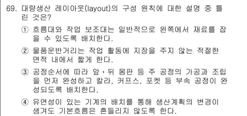 패션디자인산업기사 2018년 69번 - . 공정순서에 따라 앞-뒤 물품 또는 공정의 가공과 조립을 먼저 완성하고... 에 관한 핵심 기출문제