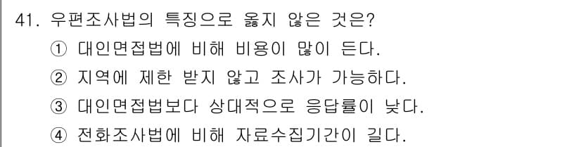 텔레마케팅관리사 2019년 41번 - 4. 전화조사법에 비해 자료수집기간이 길다.  

전화조사법은 신속하게 ... 에 관한 핵심 기출문제