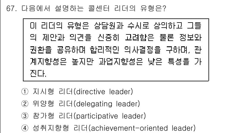 텔레마케팅관리사 2019년 67번 - . 성취지향 리더(achievement-oriented leader)

... 에 관한 핵심 기출문제