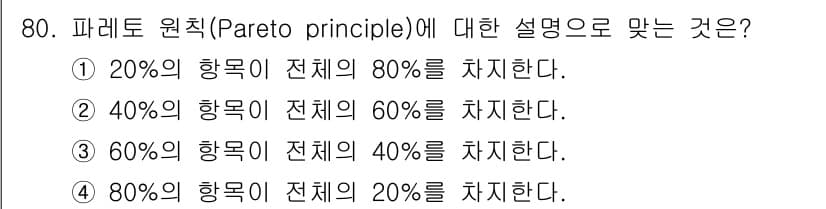 인간공학기사 2016년 80번 - 파레토 원칙은 '80%의 결과는 20%의 원인에서 비롯된다'는 개념으로,... 에 관한 핵심 기출문제