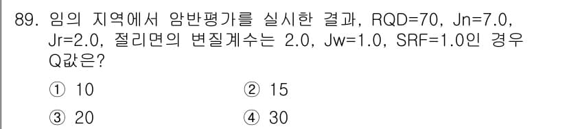 화약류관리기사 2017년 89번 - RQD, Jn, Jr, Jw, SRF를 이용하여 지질의 품질 지수를 계산... 에 관한 핵심 기출문제