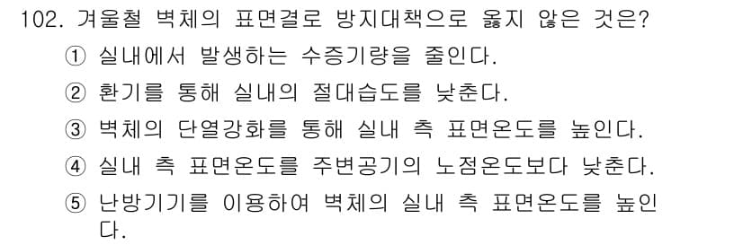 주택관리사보_1차 2018년 103번 - 정답 3번은 난방기를 이용하여 벽체의 실내 측 표면온도를 높이는 방법으로... 에 관한 핵심 기출문제