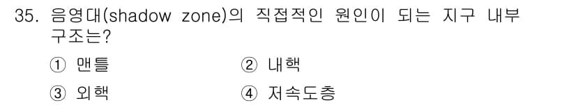 응용지질기사 2015년 35번 - 정답은 3번 외핵입니다. 음영대는 P파가 통과하지 못하는 영역으로, 이는... 에 관한 핵심 기출문제