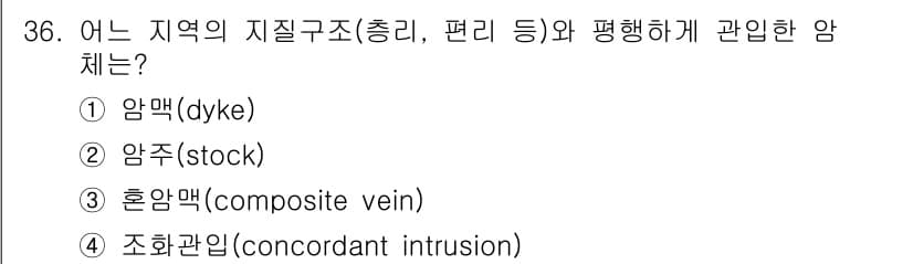 응용지질기사 2019년 36번 - 정답은 5번 '조화관련(concordant intrusion)'입니다. ... 에 관한 핵심 기출문제
