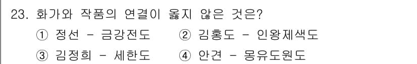 국내여행안내사_1차 2018년 23번 - 정답은 2번 김홍도 - 인왕재색도입니다. 김홍도는 풍속화로 유명하고, 인... 에 관한 핵심 기출문제