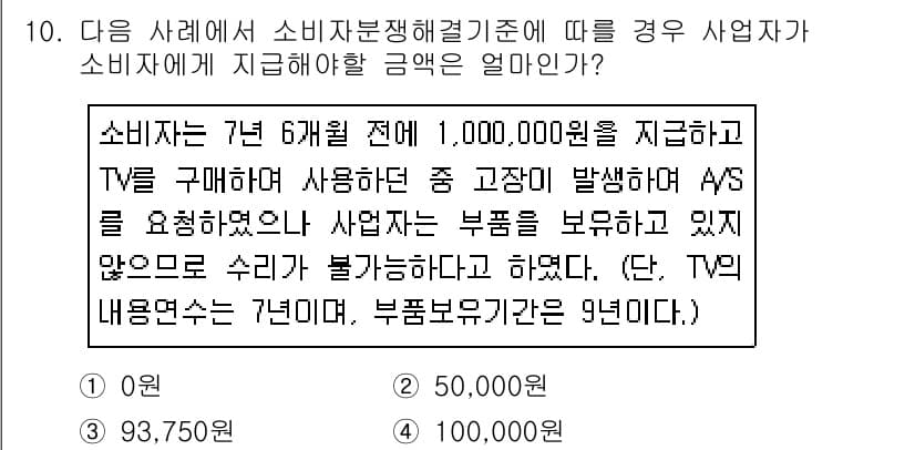 소비자전문상담사_2급 2019년 10번 - 소비자는 7년 6개월 전 구매한 TV의 서비스와 관련해서 AS를 요청했으... 에 관한 핵심 기출문제