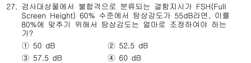 초음파비파괴검사산업기사(구) 2019년 27번 - 문제에서 주어진 조건에 따라, FSH의 60%에서 탐상감도는 56dB로 ... 에 관한 핵심 기출문제