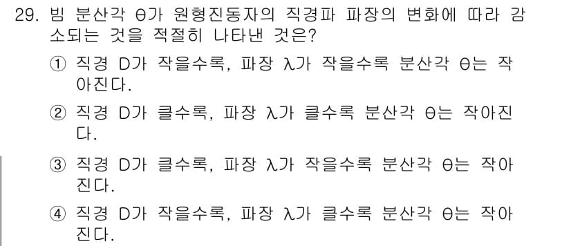 초음파비파괴검사산업기사 2019년 29번 - 정답 3번은 직경 D가 클수록 파장 λ가 작아지기 때문입니다. 이는 진동... 에 관한 핵심 기출문제