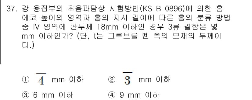 초음파비파괴검사산업기사 2019년 37번 - 정답 4번인 이유는 강 용접부의 초음파탐상 시험에서 9mm 이하의 결함을... 에 관한 핵심 기출문제