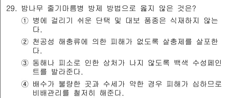 산림기사 2019년 29번 - . 동해 피소에 의해 발생하는 상황이 나타나지 않도록 백색 수석 피네트를... 에 관한 핵심 기출문제