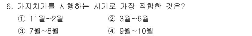 산림기사 2019년 6번 - 가치재기를 시행하는 시기는 주로 겨울철에 이루어지며, 식물의 생장 활동이... 에 관한 핵심 기출문제