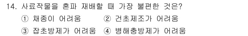 유기농업기사 2019년 14번 - 사료작물을 혼재 재배할 때 가장 불편한 것은 '병해충 방제'입니다. 혼합... 에 관한 핵심 기출문제