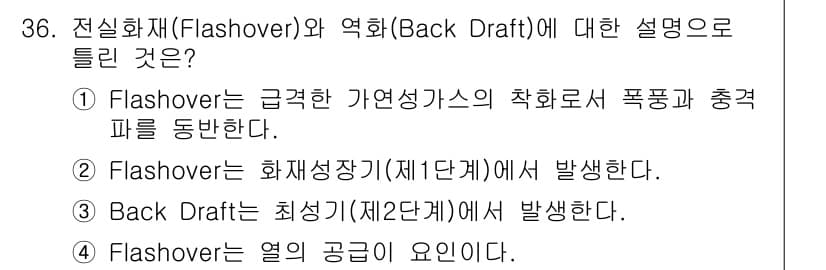 가스기사 2019년 36번 - 정답 4번은 플래시오버가 열의 공급과 관련된 현상이라는 설명이다. 플래시... 에 관한 핵심 기출문제