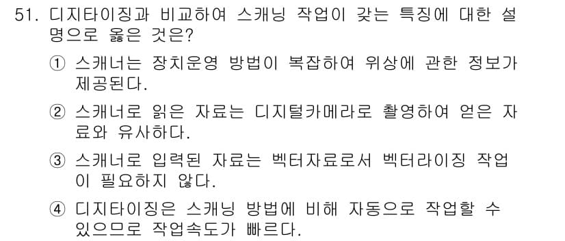 지적산업기사 2019년 51번 - 디지털화 작업은 지적 산업에서 장치 운영 방법이 복잡하므로 세밀한 정보 ... 에 관한 핵심 기출문제