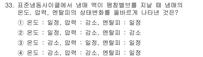 공조냉동기계산업기사 2019년 33번 - 냉매의 상태가 평형 상태에서 에탈피는 일정하게 유지되며, 유체의 압력과 ... 에 관한 핵심 기출문제
