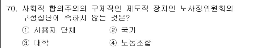 직업상담사_2급 2019년 70번 - . 대학  
사회적 합의주의의 구조적 재도적 장치인 노사정위원회는 주로 ... 에 관한 핵심 기출문제