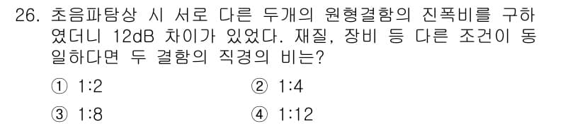초음파비파괴검사기사(구) 2019년 26번 - 진폭비가 12dB 차이가 있으면, 이는 두 신호의 비가 4:1임을 의미합... 에 관한 핵심 기출문제