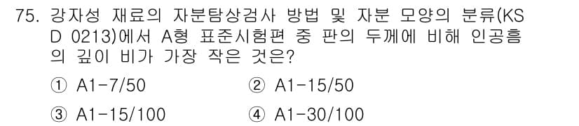 자기비파괴검사기사(구) 2019년 75번 - A1-7/50이 가장 작은 인중율 비율입니다. 이는 A형 시험편의 테스트... 에 관한 핵심 기출문제